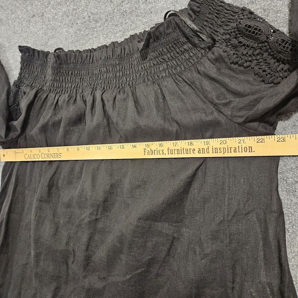 Chicos Linen Off The Shoulder Cutwork Blouse Smocked Neckline Black Size 14 - Picture 6 of 8